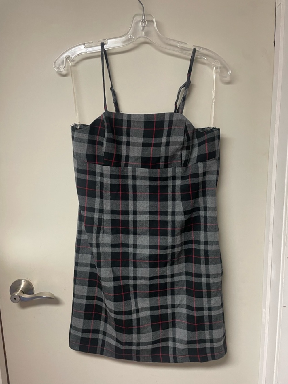 Ripe Black and Gray Plaid Spaghetti-Strap Mini Dress with Red Accents